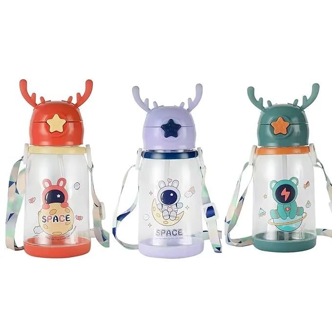 600ML Imported Quality Kids Sipper Bottle with Straw Strap And Stricker Horn Design Plastic Bottle Leakproof Sipper Bottle For Boy Girl Kids