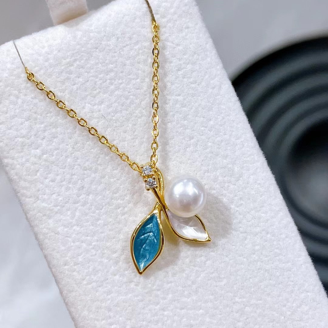 Internet Celebrity New Morandi Leaf Pearl Earrings Pendant Ring Set Natural High Quality Pearl S925 Earrings