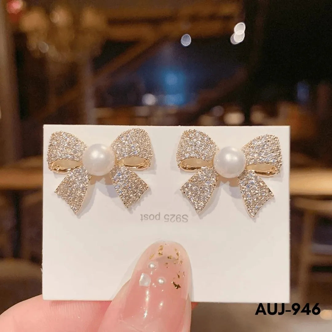 Bow Shape Zircon Korean - Earrings (AUJ-946)