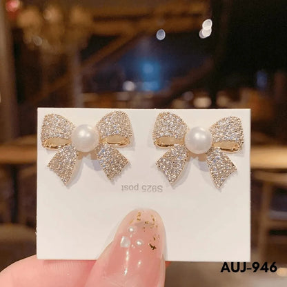 Bow Shape Zircon Korean - Earrings (AUJ-946)