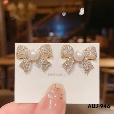 Bow Shape Zircon Korean - Earrings (AUJ-946)