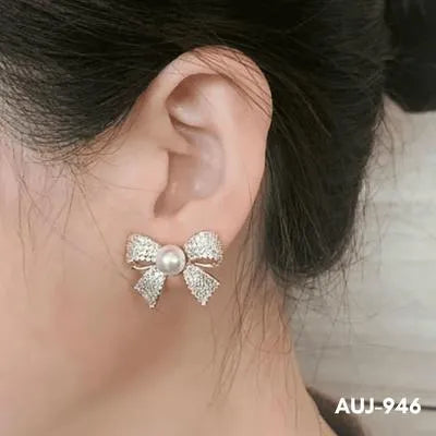 Bow Shape Zircon Korean - Earrings (AUJ-946)