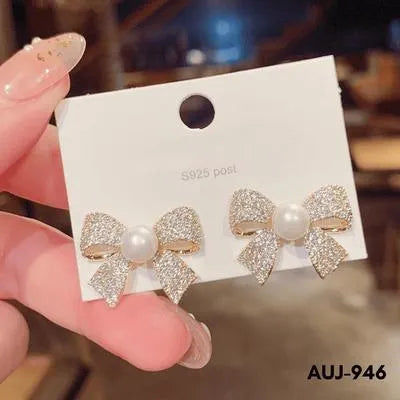 Bow Shape Zircon Korean - Earrings (AUJ-946)