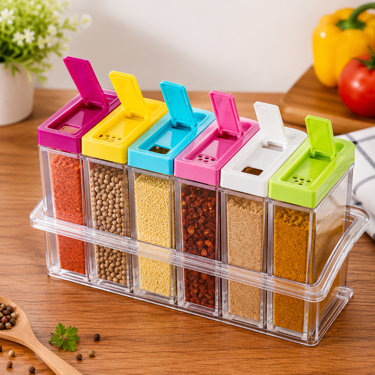 6 Piece Kitchen decor Transparent Spice Jar Set with Colorful Lids for Flavorful Seasoning Storage kitchen organizer Condiment Storage Kitchen Essentials spice kit