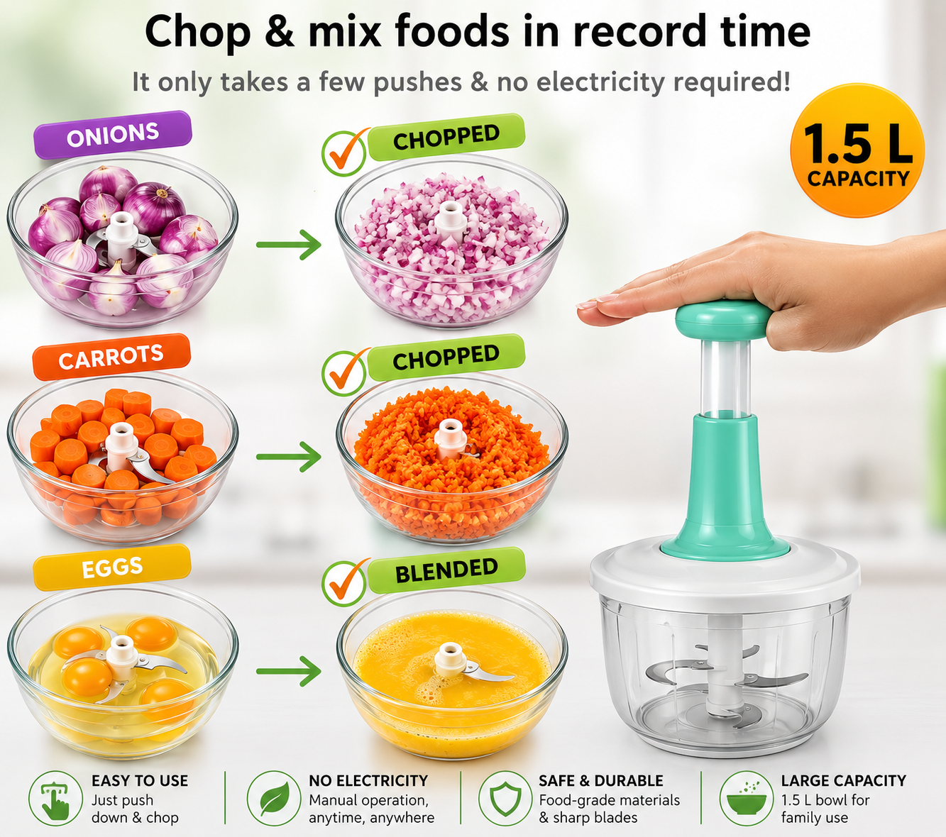 Manual Hand Push Chopper/ multifunctional Hand Pat Chopper And Mixer/press Cutter Vegetable Meat Grinder 1.5 Liter