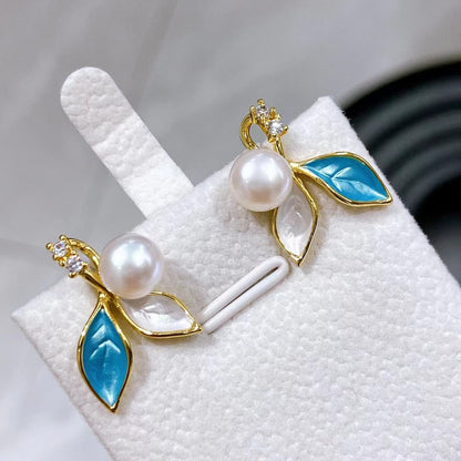 Internet Celebrity New Morandi Leaf Pearl Earrings Pendant Ring Set Natural High Quality Pearl S925 Earrings