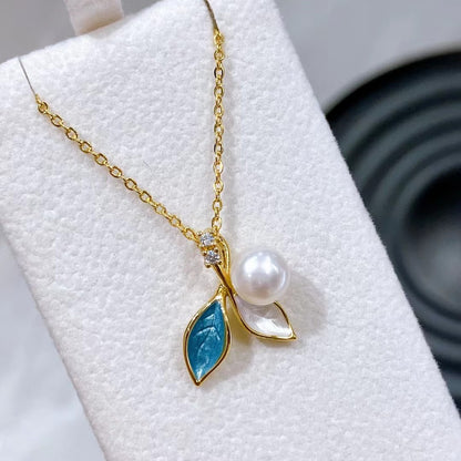 Internet Celebrity New Morandi Leaf Pearl Earrings Pendant Ring Set Natural High Quality Pearl S925 Earrings