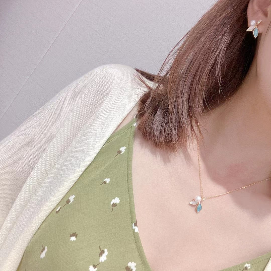 Internet Celebrity New Morandi Leaf Pearl Earrings Pendant Ring Set Natural High Quality Pearl S925 Earrings