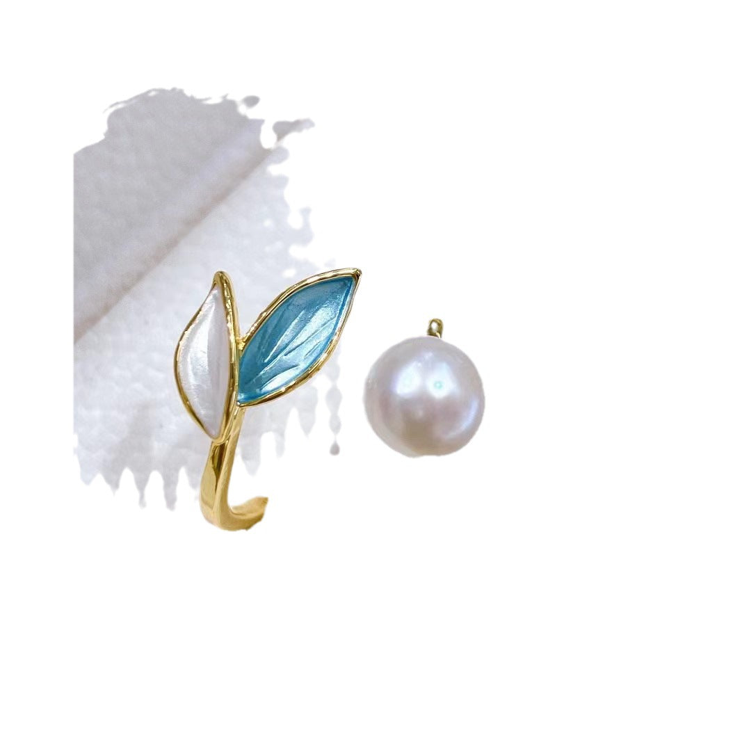 Internet Celebrity New Morandi Leaf Pearl Earrings Pendant Ring Set Natural High Quality Pearl S925 Earrings