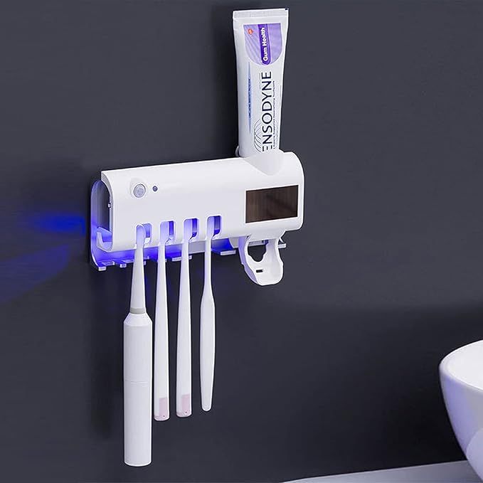 Smart UV Toothbrush Holder and Toothpaste Dispenser Bathroom Toothbrush Holder Wall Mounted Toothpaste Dispenser with Rechargeable Solar Powered Rechargeable USB Charging